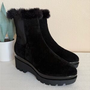 New DKNY Black Suede Platform Faux Fur Ankle Boots